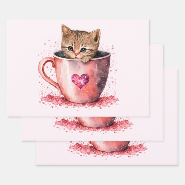 Cute Kitten in a Teacup with Hearts Wrapping Paper Sheet (Set)