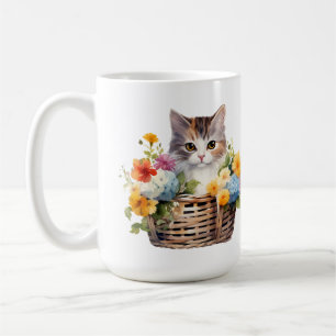 Cute Kitten in Basket of Flowers Coffee Mug