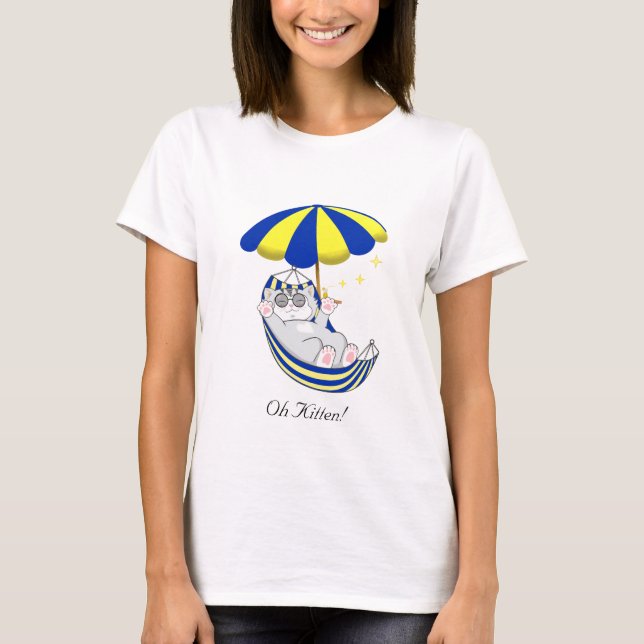 Cute Kitten in Blue & Yellow Hammock T-Shirt (Front)
