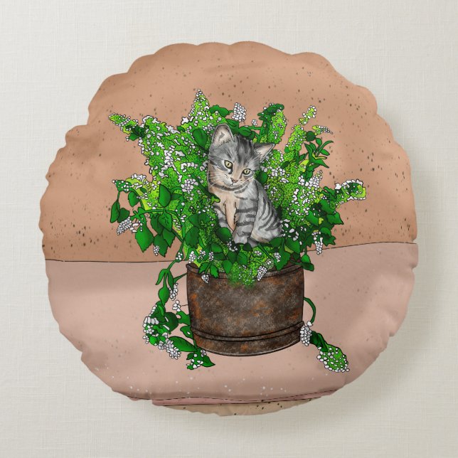 Cute Kitten in Catnip Antique Pot Round Cushion (Front)