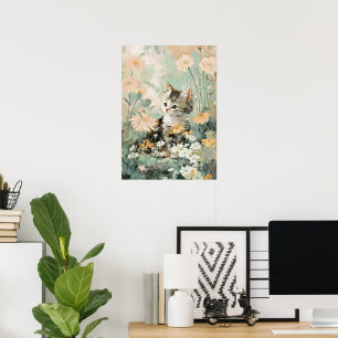 Cute Kitten in Flowers Cottagecore Aesthetic Poster