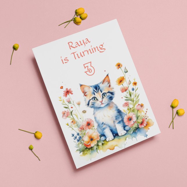Cute Kitten in Flowers Girl's Birthday Party  Invitation (Creator Uploaded)