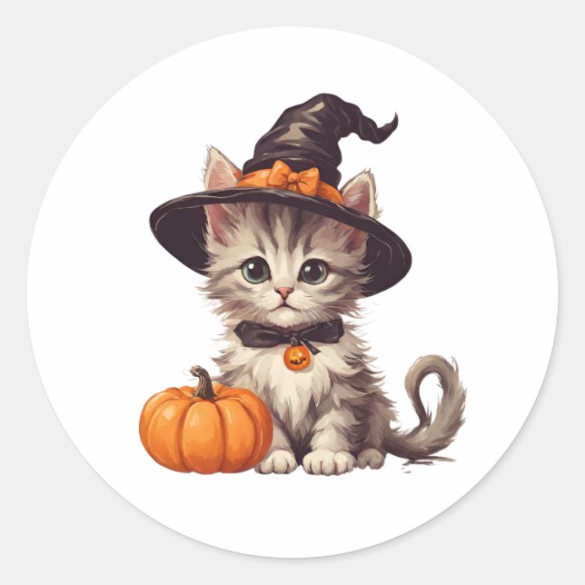Cute Kitten in Halloween Witch Costume  Classic Round Sticker (Front)