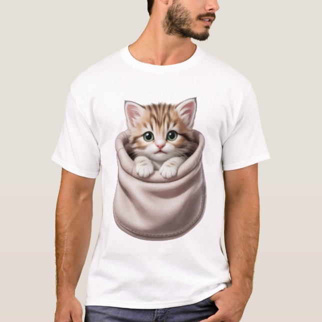 Cute Kitten in Pocket Design, Adorable Cat Artwork T-Shirt (Front)