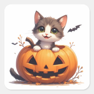 Cute Kitten In Pumpkin Autumn Halloween Scene 🎃 Square Sticker