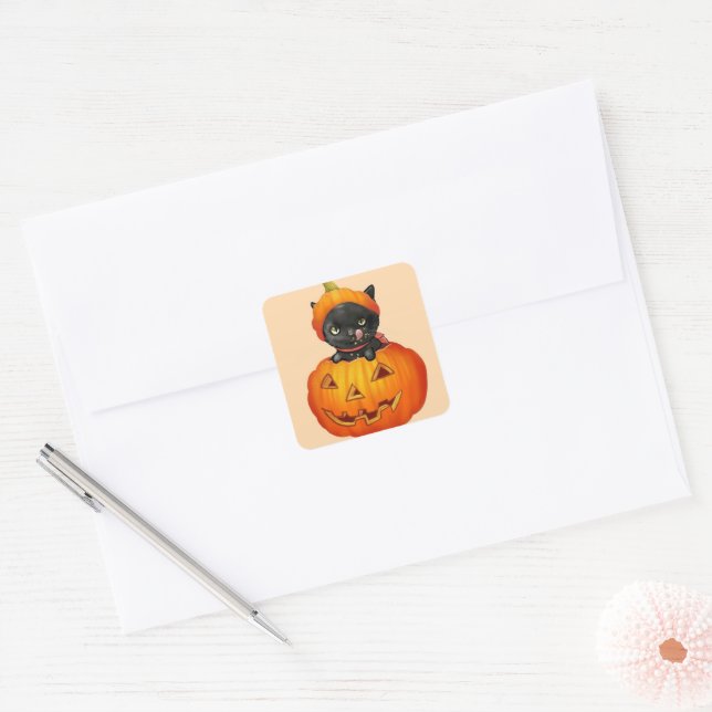 Cute kitten in pumpkin Halloween Square Sticker (Envelope)