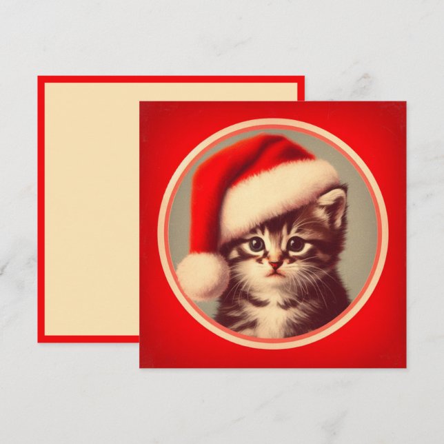 Cute Kitten in Santa Hat Red Retro Holiday Card (Front/Back)
