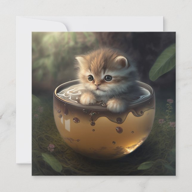 Cute kitten in transparent glass teacup postcard (Front)