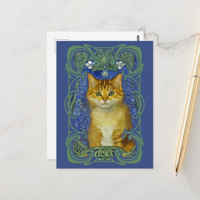 Cute Kitten in Vintage Art Nouveau Style Postcard (Front/Back In Situ)