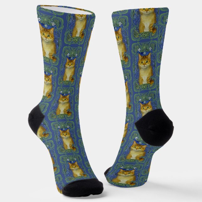 Cute Kitten in Vintage Art Nouveau Style Socks (Angled)