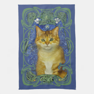 Cute Kitten in Vintage Art Nouveau Style Tea Towel