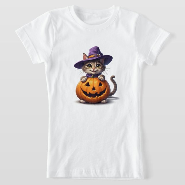 Cute Kitten In Witch Hat With Pumpkin 👻 T-Shirt (Laydown)