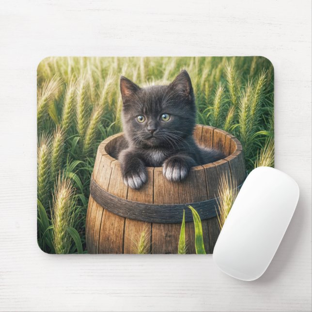 Cute Kitten In Wooden Barrel Mouse Mat (With Mouse)