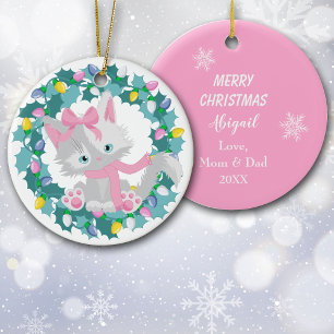 Cute Kitten in Wreath Ceramic Tree Decoration