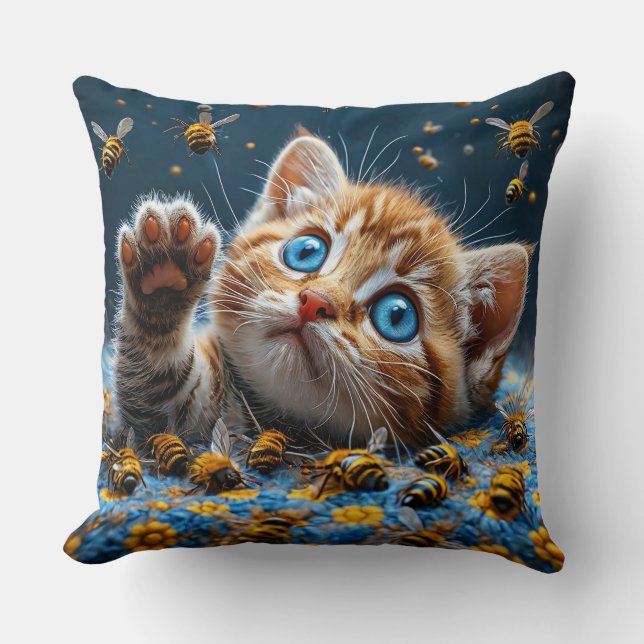 Cute Kitten Interacting with Bees Cushion (Front)