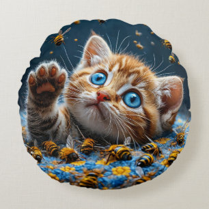 Cute Kitten Interacting with Bees Round Cushion