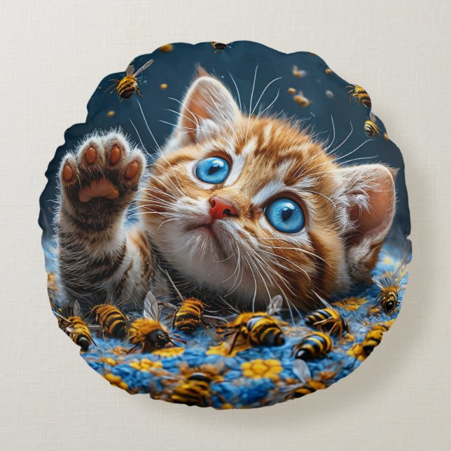Cute Kitten Interacting with Bees Round Cushion (Front)