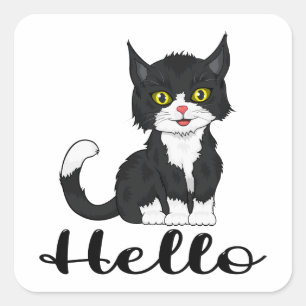 Cute Kitten Kitty Cartoon Black Cat Hello Square S Sticker