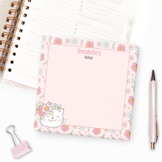 Cute Kitten Kitty Cat Pink Girly Floral Name Post-it Notes (Cute Kitten Kitty Cat Pink Girly Floral Name Post-it Notes)