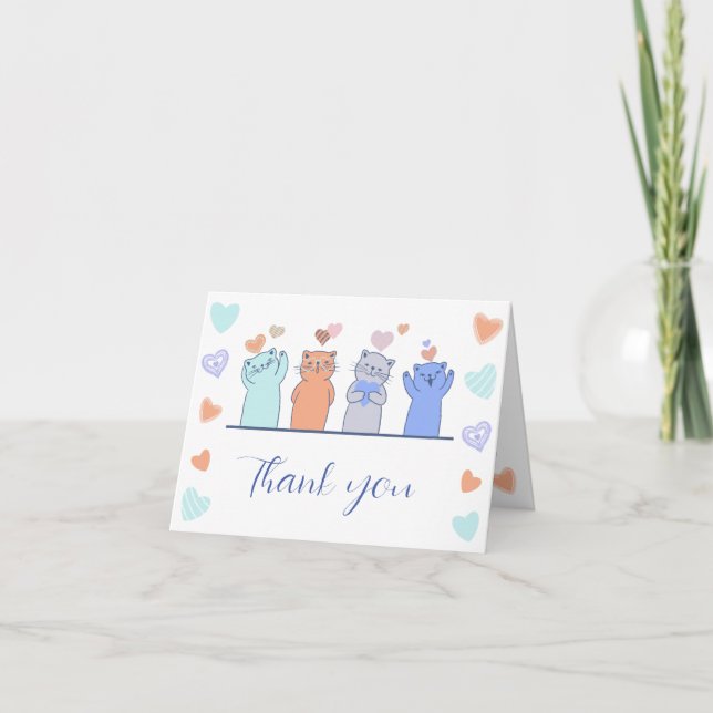 Cute Kitten Kitty Cats Hearts Baby Shower  Thank You Card (Front)