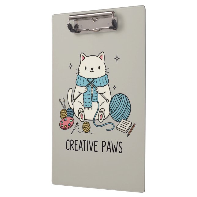 Cute Kitten Knitting Hobbyist Gray Stationery Art Clipboard (Left)