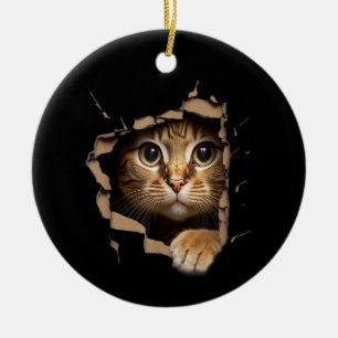 Cute kitten looks from torn fabric Cats Ceramic Tree Decoration