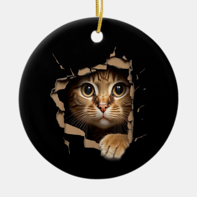 Cute kitten looks from torn fabric Cats Ceramic Tree Decoration (Front)