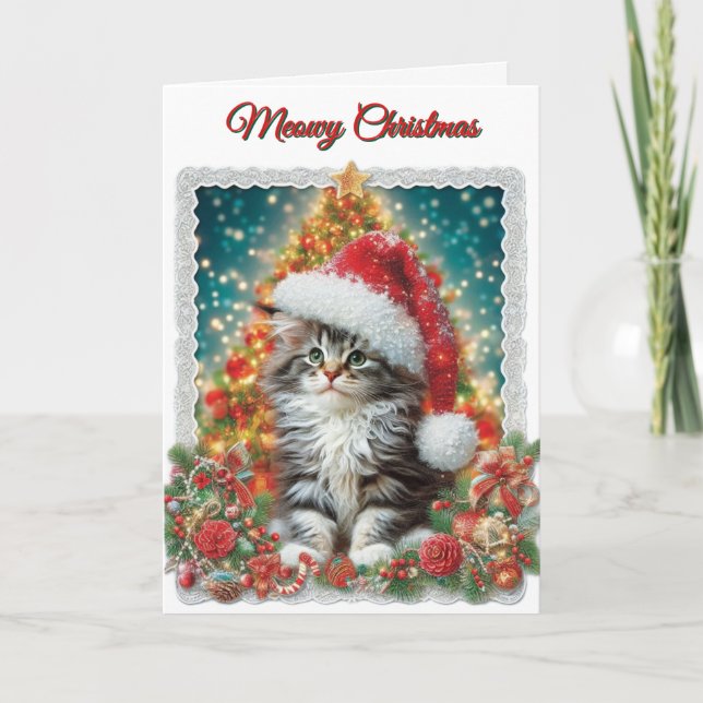 Cute Kitten Meowy Christmas Holiday Card (Front)