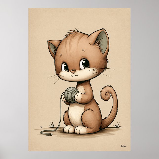Cute Kitten Nursery Wall Art Scandinavian Neutral  (Front)