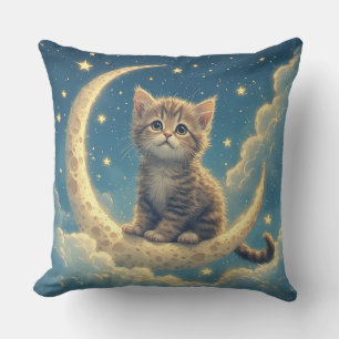 Cute Kitten on a Crescent Moon With Stars Cushion