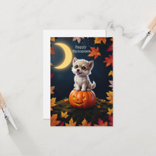 Cute Kitten on a Pumpkin with Fall Leaves Card
