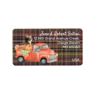 Cute kitten on Autumn truck plaid custom Label