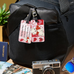 Cute Kitten on Red and pink love hearts pattern Luggage Tag