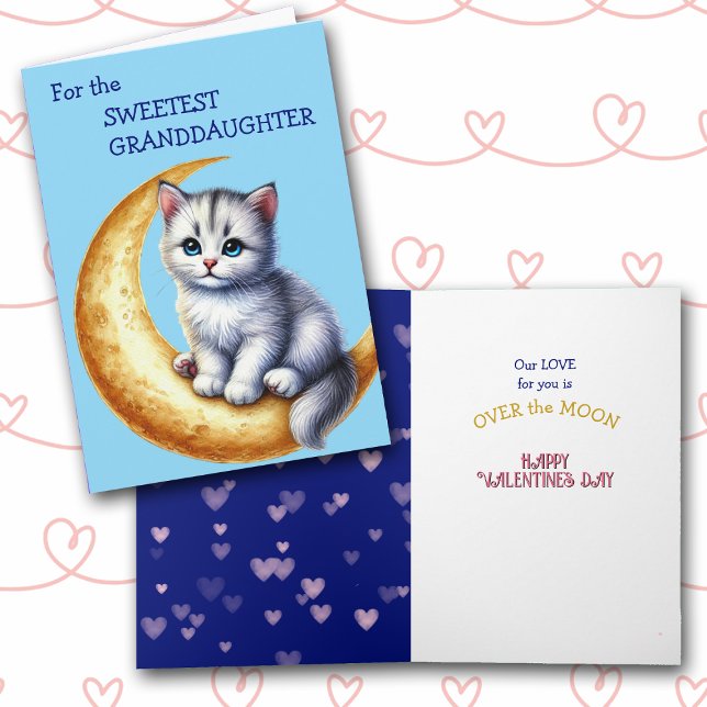 Cute Kitten on the Moon Granddaughter Valentine Holiday Card (Creator Uploaded)