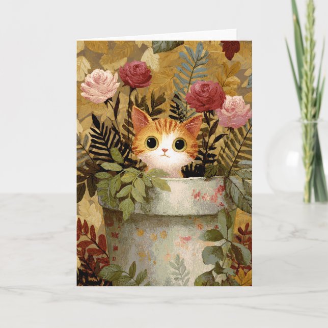 Cute Kitten Peeking From a Pot Card (Front)