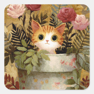 Cute Kitten Peeking From a Pot Square Sticker
