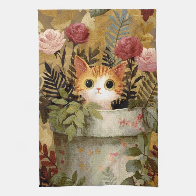 Cute Kitten Peeking From a Pot Tea Towel (Vertical)