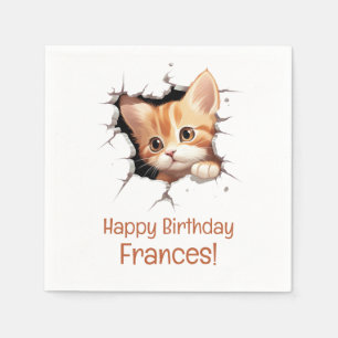 Cute Kitten Peeking Happy Birthday Napkin