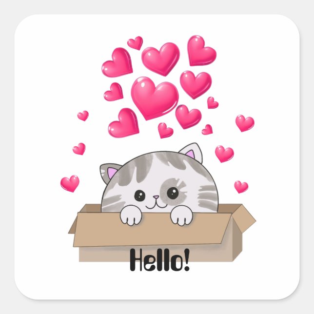 Cute kitten peeking out of a box square sticker (Front)