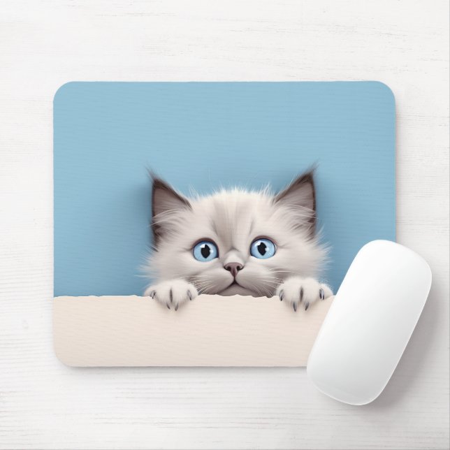 Cute Kitten Peeking Ragdoll Cat Mouse Mat (With Mouse)