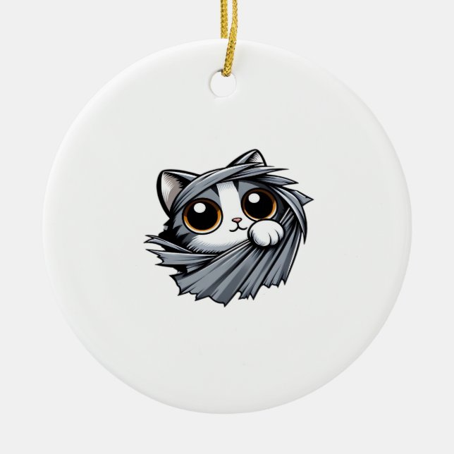 Cute Kitten Peeking Through Torn Cloth Ceramic Tree Decoration (Front)