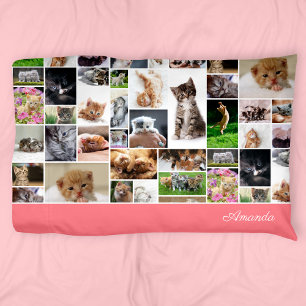 Cute Kitten Photo Montage Coral Pink Cat Pillowcase