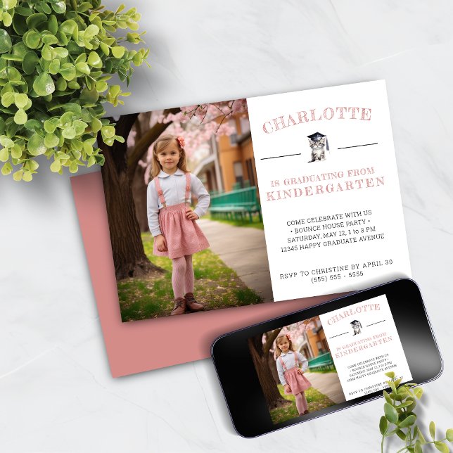 Cute Kitten Pink Kindergarten Graduation Invitation (Creator Uploaded)