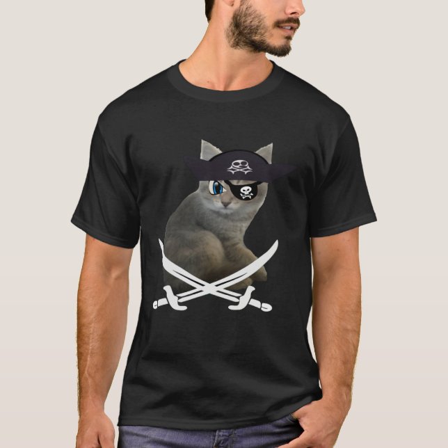 Cute Kitten Pirate wearing eye patch hat fun cat T-Shirt (Front)