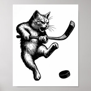 Cute Kitten Playing Ice Hockey Stick Puck Ice Hock Poster