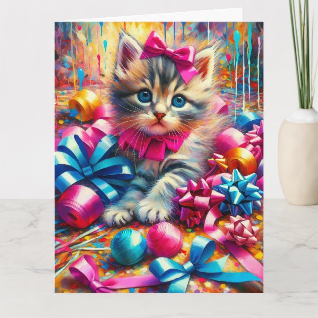 Cute Kitten Playing in Birthday Bows Large Card (Front)