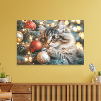 Cute Kitten Playing With Christmas Tree Balls Canvas Print
