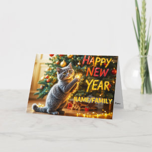 Cute Kitten Playing With Fairy Lights Holiday Card