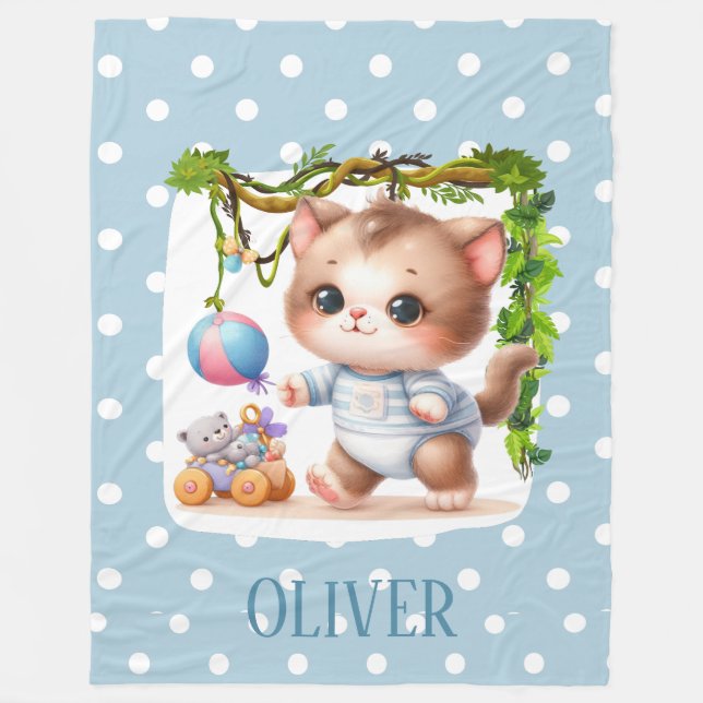 Cute Kitten Polka Dot Elegant Fleece Blanket (Front)