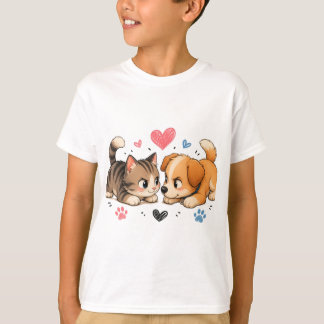 Cute Kitten & Puppy Playful Staredown T-Shirt